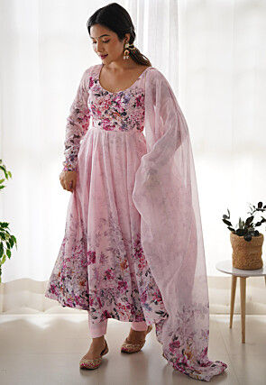 Digital Printed Organza Anarkali Suit in Pink