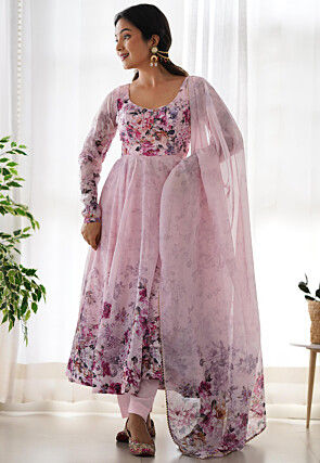 Digital Printed Organza Anarkali Suit in Pink