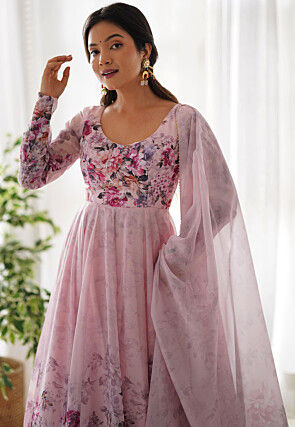 Digital Printed Organza Anarkali Suit in Pink