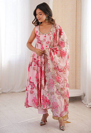 Digital Printed Organza Anarkali Suit in Pink