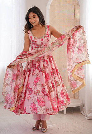 Digital Printed Organza Anarkali Suit in Pink
