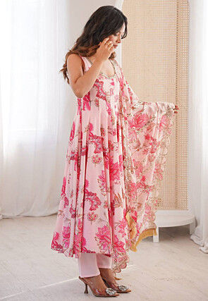 Digital Printed Organza Anarkali Suit in Pink