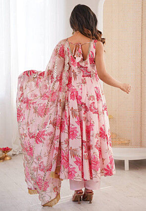 Digital Printed Organza Anarkali Suit in Pink