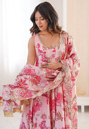 Digital Printed Organza Anarkali Suit in Pink