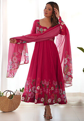 Digital Printed Organza Anarkali Suit in Pink