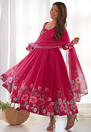 Digital Printed Organza Anarkali Suit in Pink