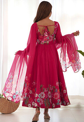 Digital Printed Organza Anarkali Suit in Pink