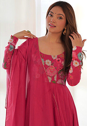 Digital Printed Organza Anarkali Suit in Pink
