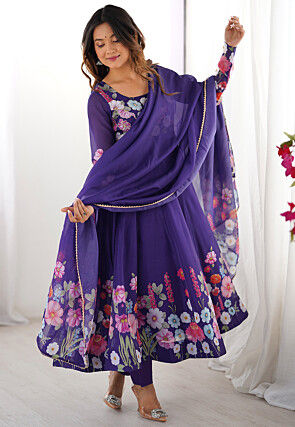 Digital Printed Organza Anarkali Suit in Purple
