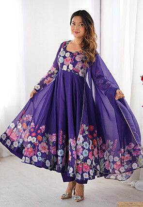 Digital Printed Organza Anarkali Suit in Purple