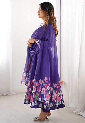 Digital Printed Organza Anarkali Suit in Purple