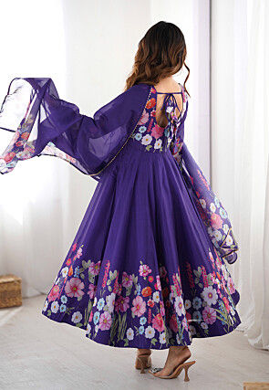Digital Printed Organza Anarkali Suit in Purple