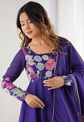 Digital Printed Organza Anarkali Suit in Purple