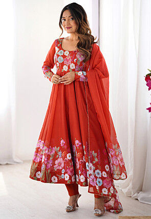 Digital Printed Organza Anarkali Suit in Rust
