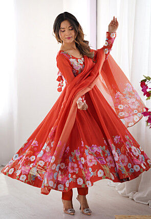 Digital Printed Organza Anarkali Suit in Rust