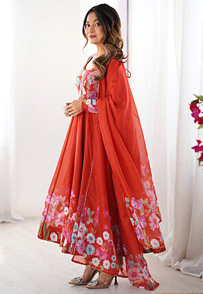 Digital Printed Organza Anarkali Suit in Rust