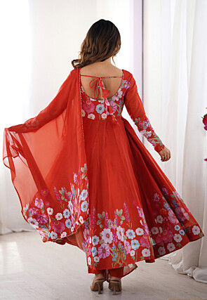Digital Printed Organza Anarkali Suit in Rust