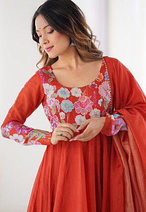 Digital Printed Organza Anarkali Suit in Rust