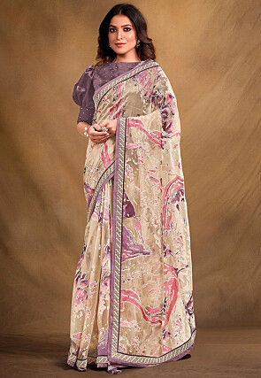 Digital Printed Organza Brasso Saree in Beige