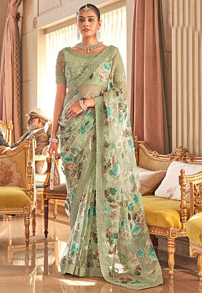 Digital Printed Organza Brasso Saree in Light Green