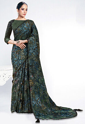 Digital Printed Organza Brasso Scalloped Saree in Dark Green