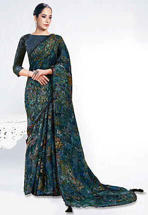Digital Printed Organza Brasso Scalloped Saree in Teal Blue