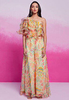 Digital Printed Organza Co Ord Set in Light Beige