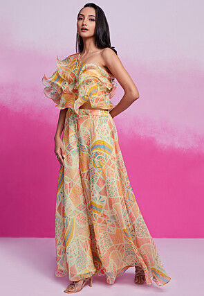 Digital Printed Organza Co Ord Set in Light Beige