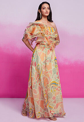 Digital Printed Organza Co Ord Set in Light Beige