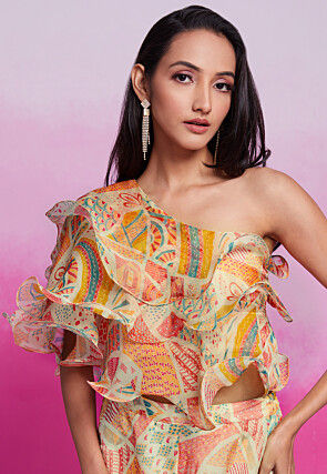 Digital Printed Organza Co Ord Set in Light Beige