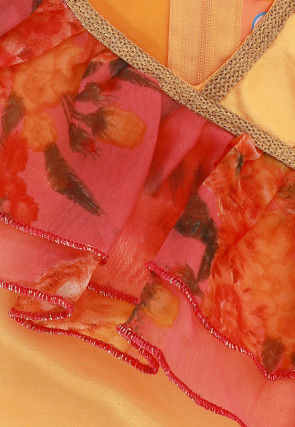 Digital Printed Organza Crop Top N Skirt in Pink and Yellow