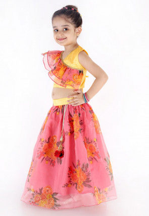 Digital Printed Organza Crop Top N Skirt in Pink and Yellow