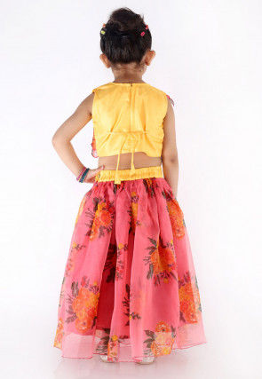 Digital Printed Organza Crop Top N Skirt in Pink and Yellow