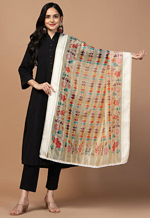 Digital Printed Organza Dupatta in Beige