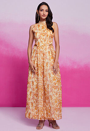 Digital Printed Organza Jumpsuit in Light Beige
