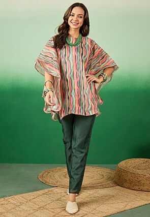 Digital Printed Organza Kaftan Style Top Set in Multicolor