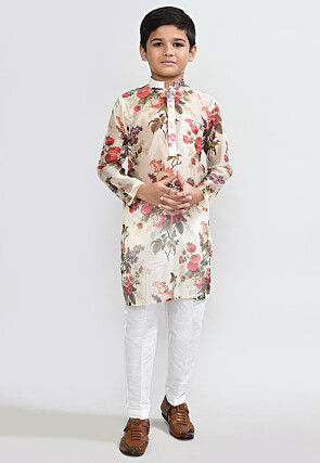 Digital Printed Organza Kurta Set in Off White