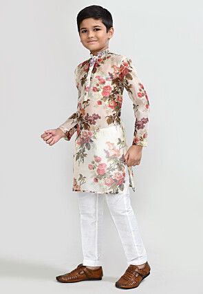 Digital Printed Organza Kurta Set in Off White