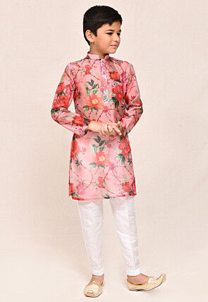 Digital Printed Organza Kurta Set in Peach