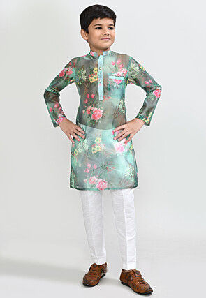 Digital Printed Organza Kurta Set in Teal Blue