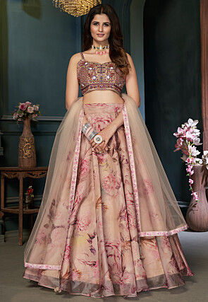 Digital Printed Organza Lehenga in Beige