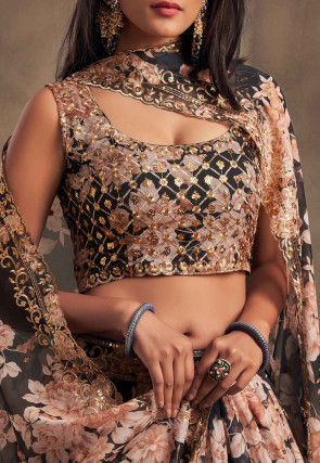 Digital Printed Organza Lehenga in Black