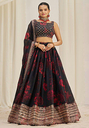 Digital Printed Organza Lehenga in Black