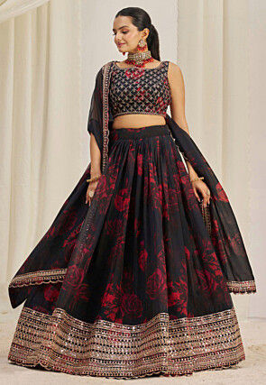 Digital Printed Organza Lehenga in Black