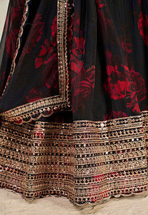 Digital Printed Organza Lehenga in Black