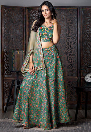 Digital Printed Organza Lehenga in Dark Green