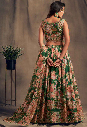 Digital Printed Organza Lehenga in Green