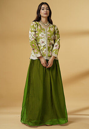 Digital Printed Organza Lehenga in Dark Green