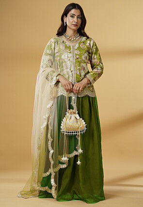 Digital Printed Organza Lehenga in Dark Green