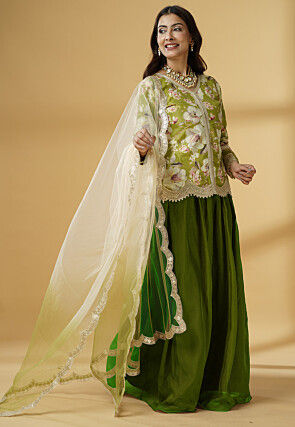 Digital Printed Organza Lehenga in Dark Green